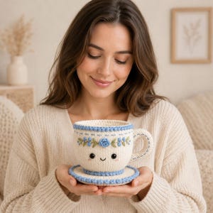 Peut inclure: Une tasse à thé et sa soucoupe crochetées de couleur crème, ornées d'un bord bleu clair, d'une petite rose bleue et de broderies de feuilles vertes. La tasse présente un visage souriant brodé avec deux yeux noirs et une anse bordée de bleu.