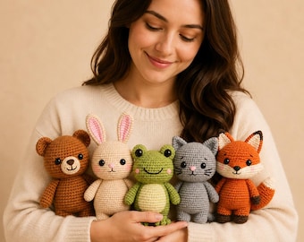 5 Amigurumi Crochet Patterns Bundle, Bear Bunny Frog Kitten Fox PDF Download