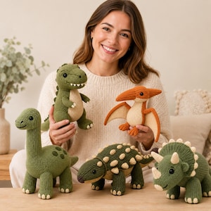 5 Knitted Dinosaur Plushie Patterns: T-Rex, Triceratops, Brachiosaurus, Ankylosaurus, Pterosaur PDF Bundle