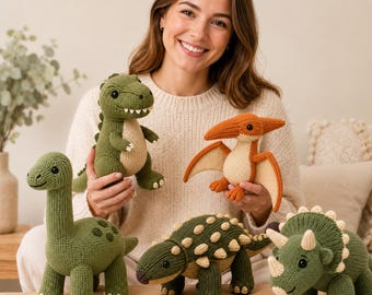 5 Knitted Dinosaur Plushie Patterns: T-Rex, Triceratops, Brachiosaurus, Ankylosaurus, Pterosaur PDF Bundle