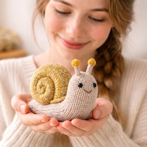 May include: A knitted snail toy with a beige body and a yellow and beige shell. The snail has black eyes and a smiling mouth. The snail's antennae have yellow pom-poms. The toy is held in open hands.