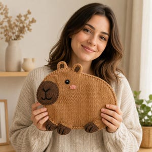 May include: A brown knitted capybara plush toy with a darker brown snout, small rounded ears, and pink stitched cheeks. The capybara has a simple embroidered black nose and mouth, with a small black and white eye detail on the side of its head.