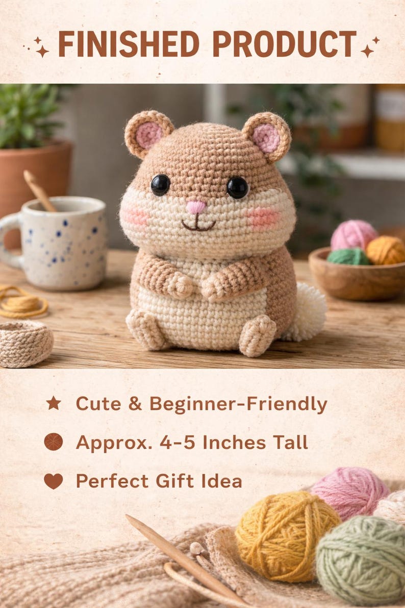 Op de afbeelding: Een gehaakt hamsterspeeltje in bruin en cr&egrave;me, met roze accenten. Het handgemaakte knuffel is ongeveer 10-13 cm hoog. De tekst "FINISHED PRODUCT" staat bovenaan de afbeelding.