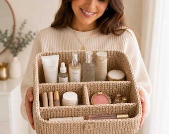 Vanity Organizer Crochet Pattern PDF, 4 Compartment Makeup Storage Basket Guide