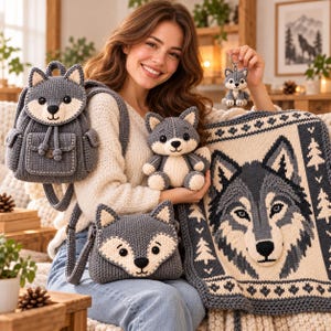 May include: A collection of grey and cream crocheted items featuring wolf designs, including a backpack, a small crossbody bag, a plush toy, a keychain, and a blanket with a large wolf face and pine tree patterns in a knit texture.