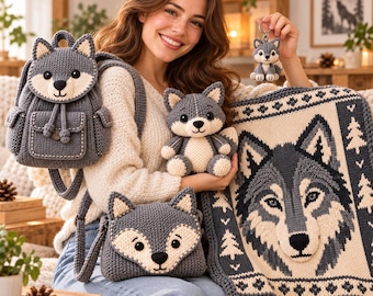 Wolf Knitting Pattern Bundle, Plush Backpack Bag Keychain Blanket PDF