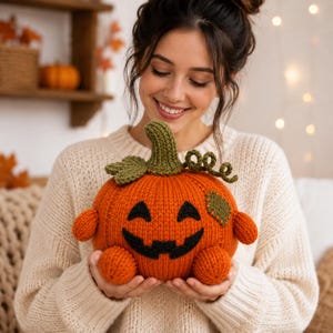 May include: A round, orange knitted pumpkin plush toy with a green stem, a green leaf, and a green curly vine. The pumpkin features a black stitched jack-o'-lantern face with a smiling expression and a small green patch on its side.