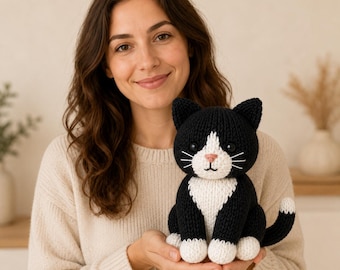Tuxedo Cat Knitting Pattern, Black and White Plushie, Instant PDF Download