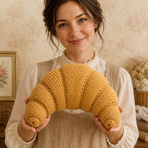 May include: A mustard yellow croissant-shaped plush toy made of knitted yarn. The item features a crescent form with visible textured stitches and a rounded, segmented design that mimics the appearance of a traditional baked pastry.