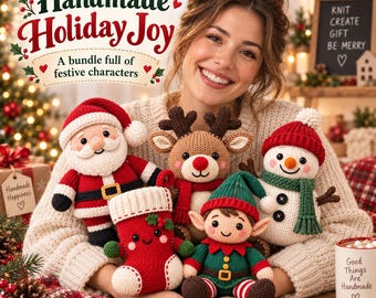 Christmas Knitting Pattern Bundle, 5 Festive Plushies, Santa Reindeer Snowman Elf Stocking PDF