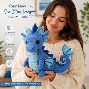 Sea Blue Dragon Plushie Knitting Pattern, Curled Tail PDF Digital Download
