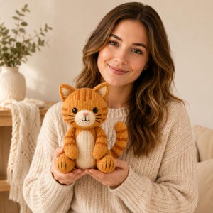 May include: A knitted orange tabby cat plush toy with dark orange stripes, a cream-colored belly, and a cream-colored muzzle. The cat has black embroidered eyes, a small pink nose, and black whiskers. It is sitting upright with a curved tail.