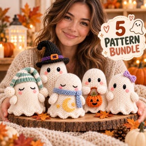 May include: Five crocheted ghost figures in cream yarn with various accessories including a black witch hat, a blue scarf with a yellow moon, a pumpkin basket, and a purple bow. Text in the upper right corner reads 5 PATTERN BUNDLE.