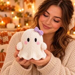 May include: A small, cream-colored crocheted ghost figure featuring two black oval eyes, two pink circular cheeks, and a small lavender-colored crocheted bow attached to the top right side of its rounded head.