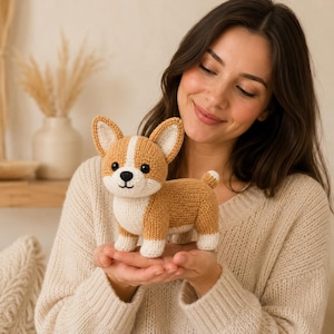 Könnte beinhalten: Ein kleines, handgefertigtes Corgi-Hundespielzeug aus gehäkeltem beigefarbenem und weißem Garn. Die Plüschfigur hat aufrecht stehende spitze Ohren, einen kurzen Schwanz und einen weißen Brustfleck. Es hat schwarze Kunststoffaugen sowie eine gestickte Nase.