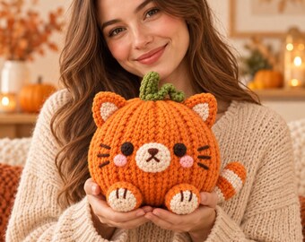 Pumpkin Cat Plushie Knitting Pattern, Halloween Autumn Decor, Stuffed Toy PDF