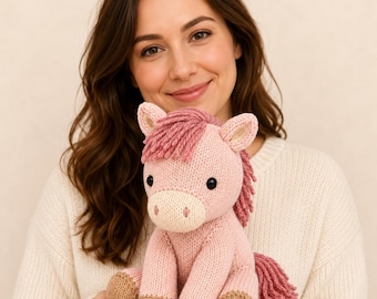 Strickmuster für ein rosafarbenes Pony, PDF-Anleitung für ein Plüschpferd, Tutorial für ein Stofftier