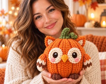 Pumpkin Owl Knitting Pattern, Fall Halloween Plushie PDF, Chunky Yarn Digital Download