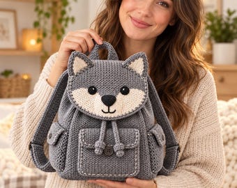 Wolf Backpack Knitting Pattern, Animal Bag PDF, Kids Backpack Digital Download