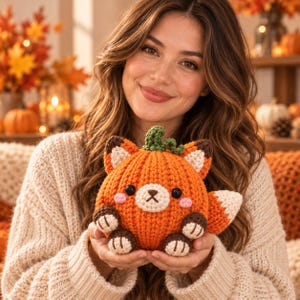 May include: A round, orange crocheted plush toy shaped like a pumpkin with fox features, including pointed ears, a small tail, black button eyes, a cream-colored muzzle with a brown stitched nose, pink cheeks, and a green stem on top.