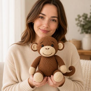 May include: A brown and cream-colored knitted monkey plush toy with a round head, small ears, a curved tail, and black button eyes. The monkey features a light cream face, hands, and feet, with a dark brown body and limbs made of yarn.