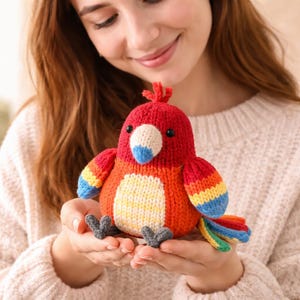 May include: A handmade knitted parrot toy in vibrant colors. The bird features a red head, orange body, and rainbow-colored wings and tail. It has a white beak, blue accents, and gray feet. The toy is soft and cuddly.