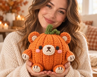 Pumpkin Bear Knitting Pattern, Autumn Plushie PDF, Fall Toy DIY, Straight Needles