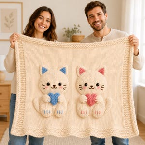 Sweetheart Cat Couple Baby Blanket Knitting Pattern, Appliqué PDF Download