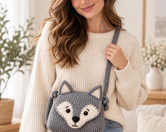 Grey Wolf Crossbody Bag Knitting Pattern, Animal Purse PDF, Woodland Shoulder Bag