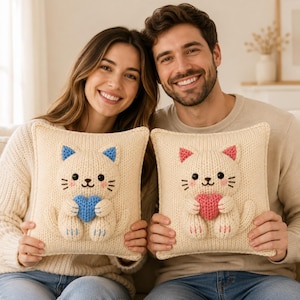 Cat Pillow Knitting Pattern, Sweetheart Plush Cushion Pair, Digital PDF