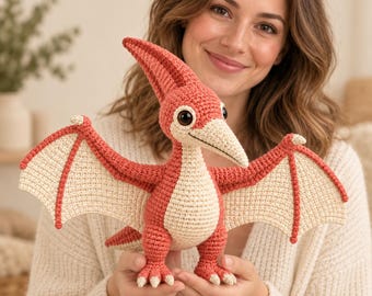 Pterodactyl Crochet Pattern, Pippa Coral Amigurumi PDF, Flying Dinosaur Plush, Prehistoric Digital Download