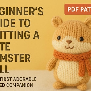 May include: A knitted hamster doll in tan and cream, with an orange scarf. The image includes the text "BEGINNER'S GUIDE TO KNITTING A CUTE HAMSTER DOLL" and "PDF PATTERN". This is a beginner's knitting project, perfect for learning.