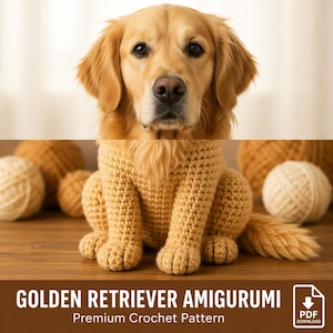 May include: A Golden Retriever dog is featured above a crocheted amigurumi dog. The amigurumi is a light tan color, with detailed paws and a fluffy tail. The text "GOLDEN RETRIEVER AMIGURUMI" and "Premium Crochet Pattern" are displayed below.