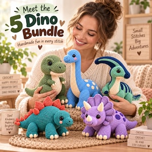 May include: A set of five crocheted dinosaur plush toys in various colors including green, blue, and purple. The collection features a T-Rex, a long-necked dinosaur, a crested dinosaur, a stegosaurus with red plates, and a triceratops with horns.