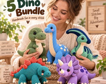 5 Dinosaur Crochet Patterns Bundle, Amigurumi Dino PDF, T-Rex, Triceratops, Stegosaurus, Brachiosaurus, Parasaurolophus
