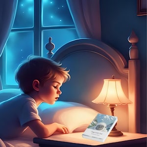 Op de afbeelding: Een kind in een wit T-shirt bekijkt een boek met de titel "Tiger with Yeti" op een nachtkastje. Naast het boek staat een brandende lamp. De kamer is ingericht in blauw en wit, met een raam op de achtergrond.