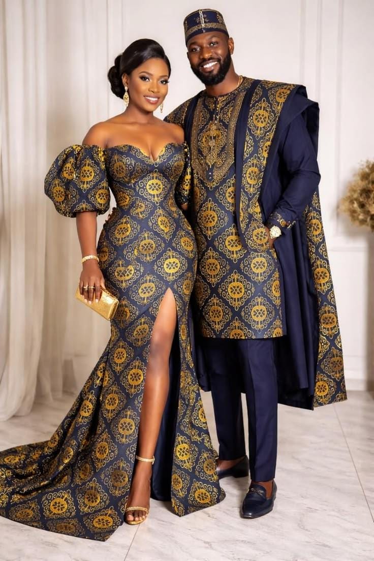 golden couple dress Couple in coordinated antique gold wedding outfits