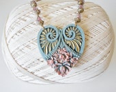 Art Nouveau Cameo Heart Necklace / Hand Painted / Sage Green Pink Gold