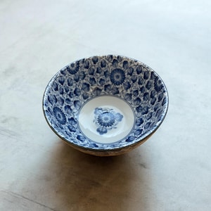 Hand-Painted Japanese Ceramic Rice Bowls: Blue Floral Design, Set of 2