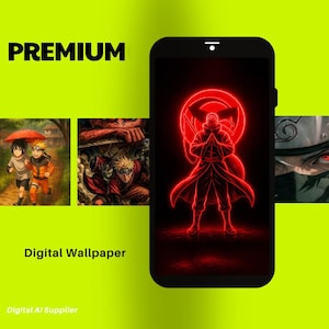 May include: A black smartphone displays a red neon anime character design. The word "PREMIUM" is in green at the top left. The words "Digital Wallpaper" and "Digital AI Supplier" are also visible.