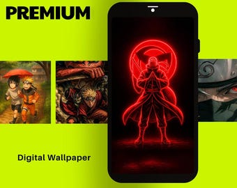 Puede incluir: Un teléfono inteligente negro muestra un diseño de personaje de anime de neón rojo. La palabra "PREMIUM" está en verde en la parte superior izquierda. También son visibles las palabras "Digital Wallpaper" y "Digital AI Supplier".