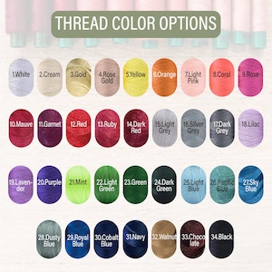 May include: A color chart displaying 34 thread color options. The colors range from white, cream, and gold to various shades of pink, red, green, and blue. The text "THREAD COLOR OPTIONS" is at the top.