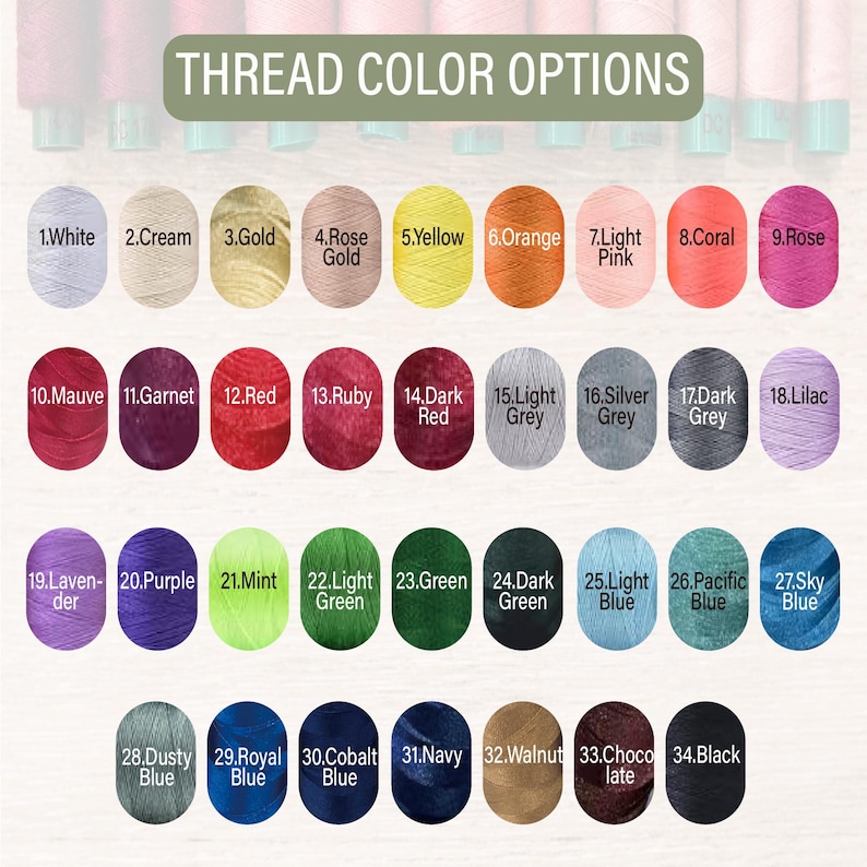 May include: A color chart displaying 34 thread color options. The colors range from white, cream, and gold to various shades of pink, red, green, and blue. The text "THREAD COLOR OPTIONS" is at the top.
