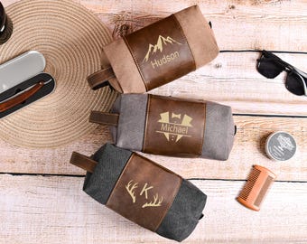 Custom Men’s Toiletry Bag, Personalized Leather Dopp Kit, Groomsmen Gift, Anniversary Gift for Him, Leather Canvas, Christmas gift for him