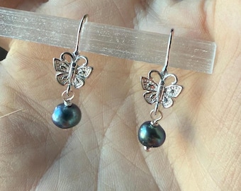 Sterling Silver Butterfly Earrings, Black Peacock Pearl Dangles, High Luster Frech Hooks