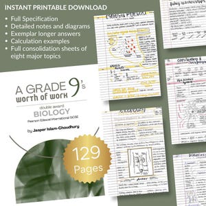 May include: A digital download of biology study notes for the Pearson Edexcel International GCSE. The notes include detailed diagrams, exemplar answers, and calculation examples. The cover features the text "A Grade 9's Worth of Work" and "129 Pages".