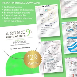 May include: A printable physics study guide with handwritten notes and diagrams. The guide includes 129 pages of detailed notes, calculation examples, and exemplar answers. The cover features the text "A Grade 9's Worth of Work" and "Physics".