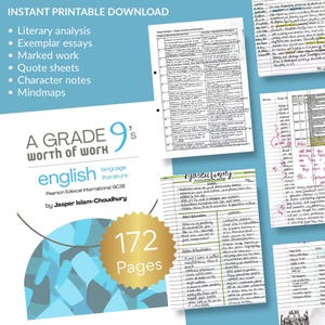 May include: An instant printable download for English language literature, including literary analysis and quote sheets. The cover reads "A Grade 9's Worth of Work" and "English Language Literature" by Jasper Islam-Choudhury. Contains 172 pages of content.