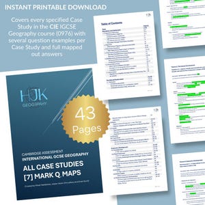Puede incluir: Descarga digital para el curso de Geografía CIE IGCSE (0976) con 43 páginas. La portada es azul oscuro con el texto "HJK Geography" y "All Case Studies [7] Mark Q. Maps".