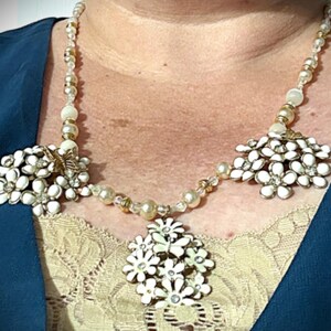 Handmade Vintage Beaded Necklace: Ivory, Crystal & Gold colors